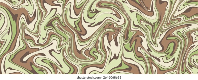An energetic, fluid camouflage pattern with swirling lines in earthy greens, browns, and creams. 