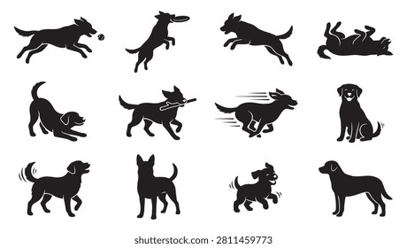 Energetic and fun dog silhouette vector collection highlighting playful canine behaviors. Includes dogs leaping to catch a frisbee, chasing a tennis ball, running with a wood stick, rolling happily on their back, bowing, and walking proudly with wagging tails. Great for pet toy packaging, dog park signage, dog training facilities, and cartoon pet branding.