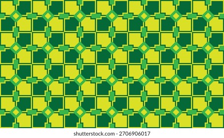 Energetic geometric seamless pattern featuring a complex interlocking grid of squares and diamonds. The high-contrast color palette is dominated by bright lime green and deep forest green