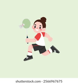 Energetic Girl Badminton Player Running with Racket Cartoon Illustration