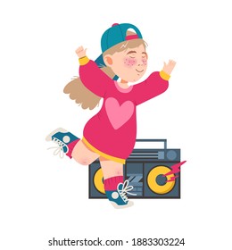 Energetic Girl in Baseball Cap Dancing and Moving to Music Vector Illustration