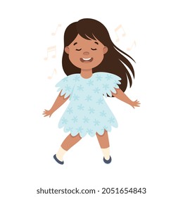 Energetic Girl in Blue Dress Dancing Moving to Music Rythm Vector Illustration