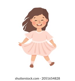 Energetic Girl in Pink Dress Dancing Moving to Music Rythm Vector Illustration