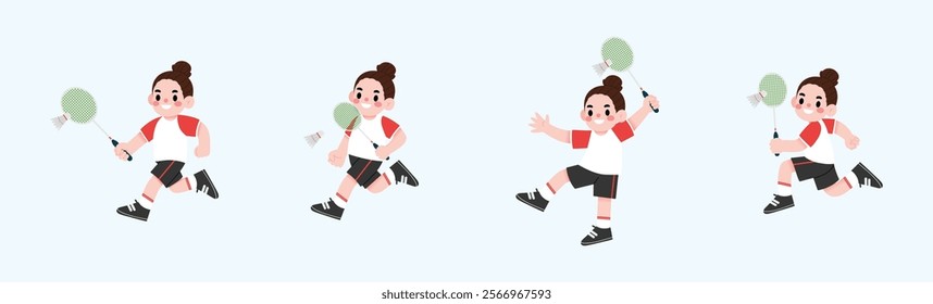 Energetic Girl Playing Badminton Diverse Poses Active Cartoon Illustration