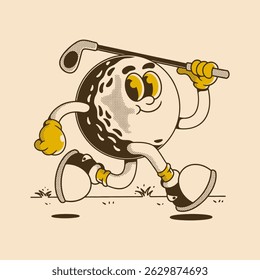 Energetic golf ball character running with big smile