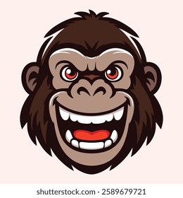 Energetic Gorilla Mascot Logo with Fierce Expression – Vector Illustration. A bold and dynamic gorilla mascot logo featuring an intense expression, red glowing eyes, and a wide grin with sharp teeth.