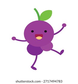 Energetic grape character jumping purple and cyan palette flat illustration great for action scenes kids designs and lively branding visuals