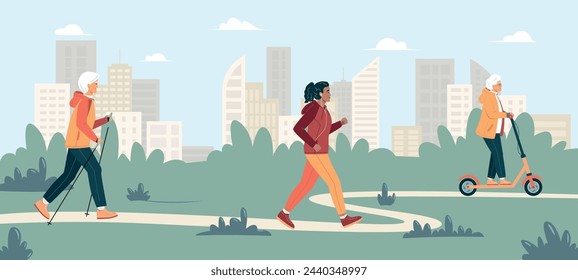 Energetic gray haired elderly women and man, Healthy lifestyle. Elderly woman running with headphones. Elderly woman practice nordic walking. Elderly woman rides electric scooter. Vector Illustration