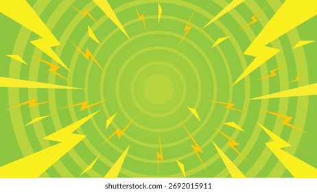 Fondo abstracto verde y amarillo enérgico con rayos y círculos concéntricos, que simbolizan la energía, la electricidad y la explosión de energía.