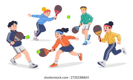 Grupo Energético de Amigos Jogando Paddle Tennis Game. Ilustração plana de tênis Padel isolada em fundo branco