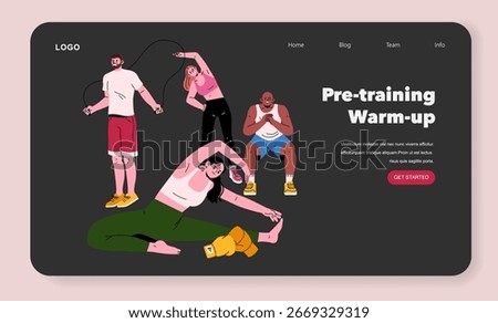 Energetic group performing pre-training warm-up activities including jump rope, arm stretches, and squats. Diverse individuals prepare for workout. Vector illustration.