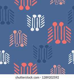 Energetic hand drawn abstract pattern, coral white and navy blue symbols on a medium blue background. Lines give the design movement and direction. Great for textiles, fashion and paper.