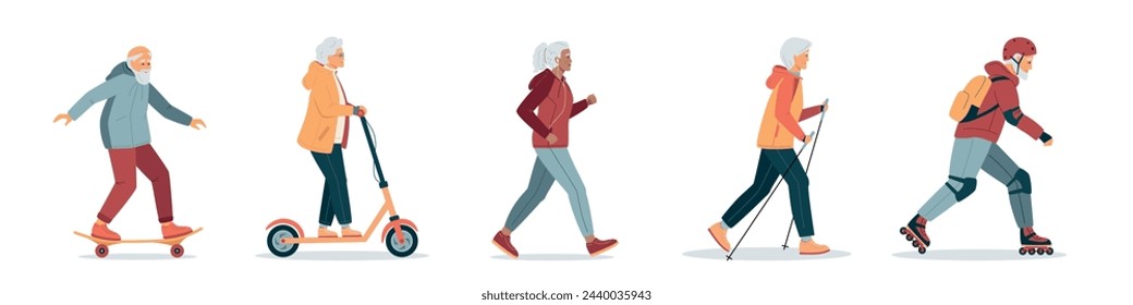 Energetic happy gray haired elderly people, Healthy lifestyle. Elderly women running, practice nordic walking, rides electric scooter. Old adult men rollerblading, skateboarding. Vector illustration