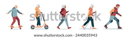 Energetic happy gray haired elderly people, Healthy lifestyle. Elderly women running, practice nordic walking, rides electric scooter. Old adult men rollerblading, skateboarding. Vector illustration