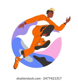 Energetic happy young person. Man in casual clothes jump near abstract spots. Active lifestyle and sports. Sticker for social networks. Cartoon flat vector illustration isolated on white background