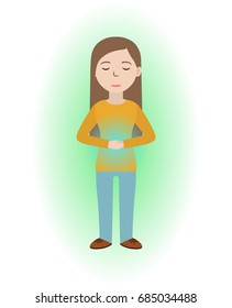 Energetic healing. Girl heal herself with energy field. Pranic healing. Alternative medicine concept. Vector illustration.