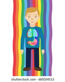 Energetic healing. Man heal himself with energy field. Pranic healing. Alternative medicine concept. Vector illustration.