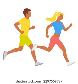 Energetic healthy couple running together. Sports, workout and training with a man and a woman running outside for health, cardio or endurance. Vector illustration. Isolated on white background.