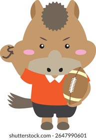 Personagem de cavalo energético segurando uma bola de rúgbi e fazendo uma postura de vitória - 2026 Zodiac Sports Illustration

