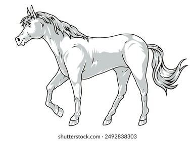 Energetic caballo detallado emblema monocromo con potro de crin larga golpeando sus pezuñas en el suelo vista lateral Ilustración vectorial