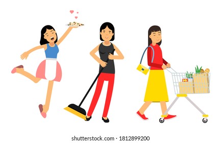Energetic Housewife Cooking, Doing Shopping and Cleaning House Vector Illustration Set