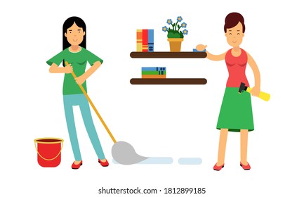 Energetic Housewife Mopping the Floor and Dusting Shelves Vector Illustration Set