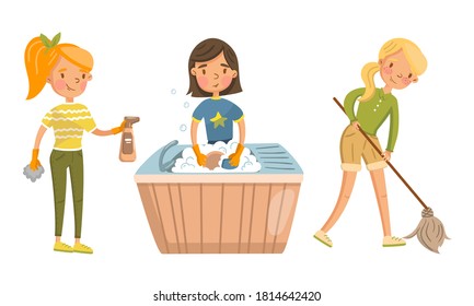 Energetic Housewife Mopping Floor, Washing the Dishes and Dusting Vector Illustration Set