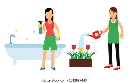 Energetic Housewife Scrubbing the Buthtub and Watering Flower Bed Vector Illustration Set