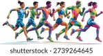 Energetic illustration of multiple runners, both male and female, depicted in striking geometric forms, moving together on a track.