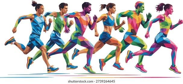 Energetic illustration of multiple runners, both male and female, depicted in striking geometric forms, moving together on a track.