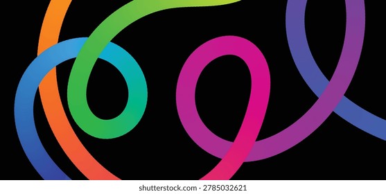 An energetic interplay of looping gradient lines in vivid colors against a striking black background, evoking fluidity and grace.