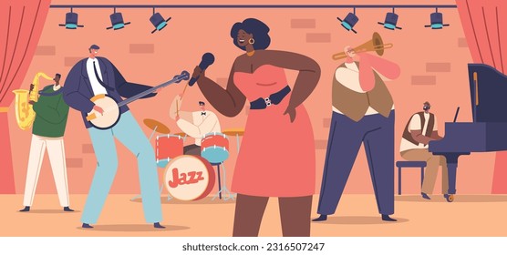 Caracteres De Banda De Jazz Enérgica Que Captan A La Audiencia Con Su Rendimiento De Mesmerización En Escenario, Ilustración Vectorial