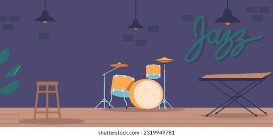 Energetic Jazz Concert Stage Set With A Fully Assembled Drum Kit And Xylophone, Ready To Create Rhythmic Beats