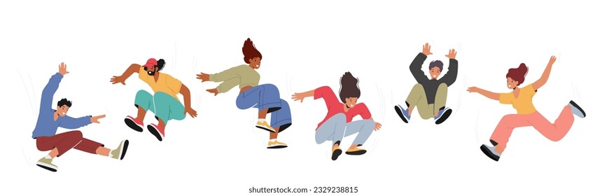 Energetic And Joyful, A Group Of Male and female Characters Jumping With Excitement And Happiness, Exuding Positive Energy And Boundless Enthusiasm. Cartoon People Vector Illustration