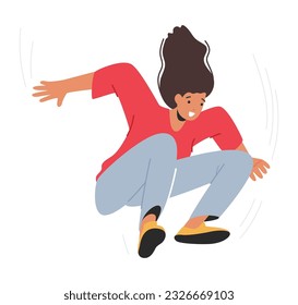 Energetic And Joyful, A Woman Leaps Into The Air With A Beaming Smile. Female Character Exuding Pure Happiness And A Sense Of Freedom during the Flight. Cartoon People Vector Illustration