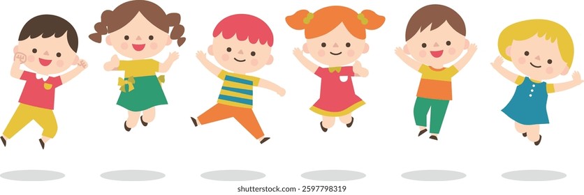 Energetic Jumping Kids Illustration. Lively children in playful poses, full of energy and joy. Perfect for educational materials, ads, brochures, and kid-friendly content.