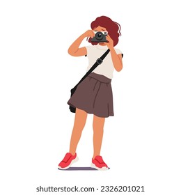 Energetischer Kid-Capturing-Moment mit Fotokamera. Kleine Girl-Charaktere, die Umgebung erkunden und Erinnerungen durch die Linse bewahren. Einzelner Kinderfotograf. Vektorgrafik von Cartoon People