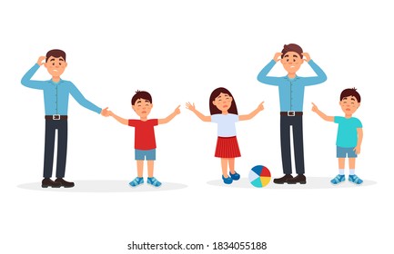 Energetic Kids Bothering Tired Parents Vector Illustration Set