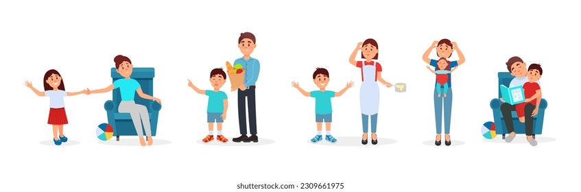 Energetic Kids Bothering Tired Parents Vector Illustration Set