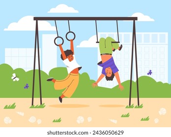 Energetic kids hang from gymnastic rings at a city playground, their playful spirits soaring high in this delightful vector illustration