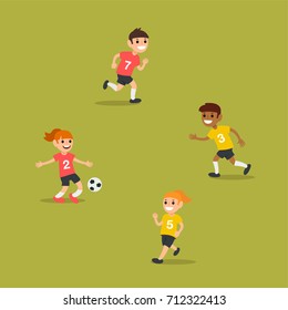 Energetic Kids Playing Soccer, Vector Illustration