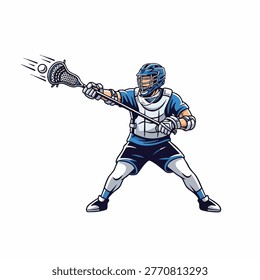 An energetic lacrosse player, fully geared with helmet and pads, is captured in a dynamic pose, launching a lacrosse ball with precision from their stick.