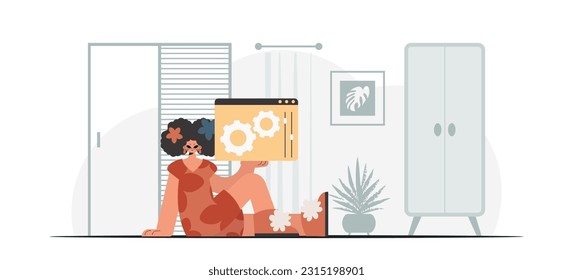 The energetic lady is holding a browser window with gears. SEO and web analyzing point. Trendy style, Vector Illustration