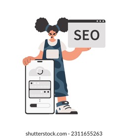 The energetic lady is holding a information cloud and a server. Constrained on white foundation. Trendy style, Vector Illustration