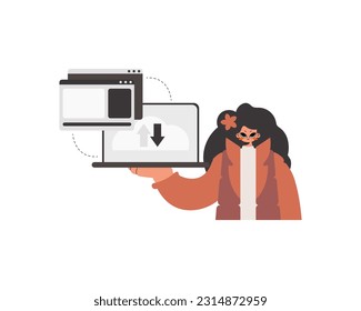 The energetic lady is holding a tablet in which information is being synchronized. Disconnected. Trendy style, Vector Illustration