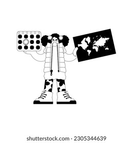 The energetic lady is holding a world chart and a calendar. Tourism subject. Dim and white line craftsmanship. Trendy style, Vector Illustration