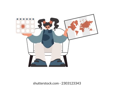 The energetic lady holds a calendar and a format of the world in his hands. Confined on white foundation. Trendy style, Vector Illustration