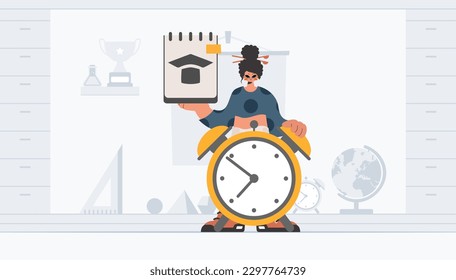 Energetic lady with one of a kind and caution clock, learning subject. Trendy style, Vector Illustration