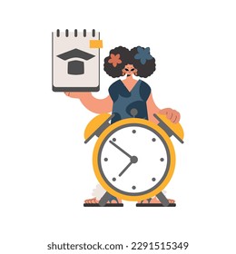 Energetic lady with theoretical and caution clock, disconnected on white foundation. Trendy style, Vector Illustration