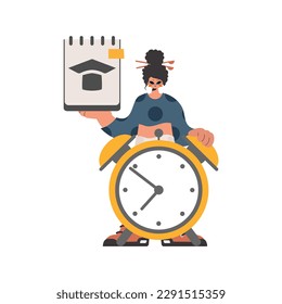 Mujer enérgica con reloj teórico y cauto, separado sobre cimientos blancos. Estilo de moda, Ilustración vectorial
